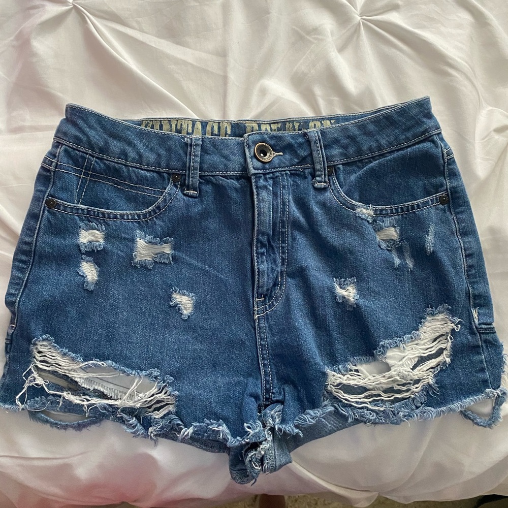 Distressed denim shorts